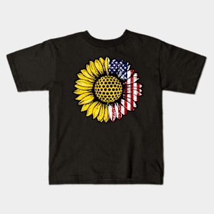 Sunflower American Flag Golf Lover Gifts 4th Of July Kids T-Shirt